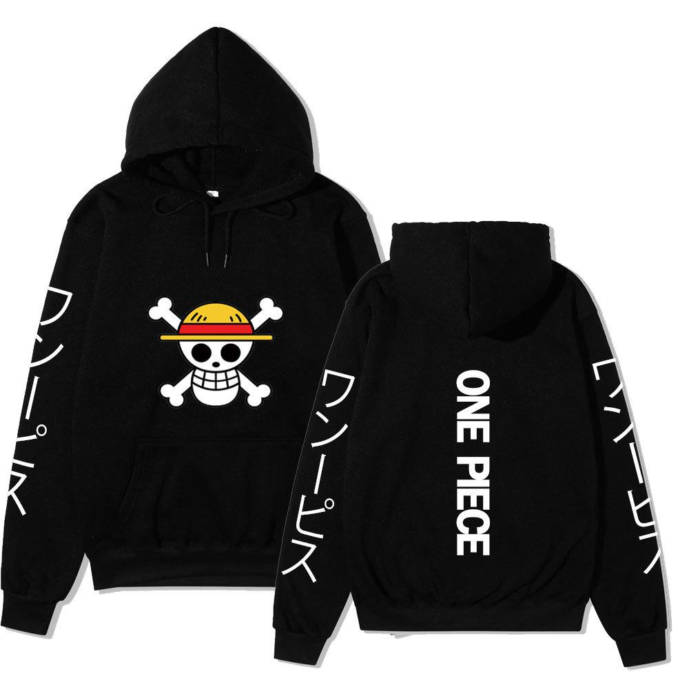 One Piece Straw Hat Jolly Roger Hoodie, Japanese Letter Sleeve Print Pullover Sweatshirt Unisex Casual Streetwear