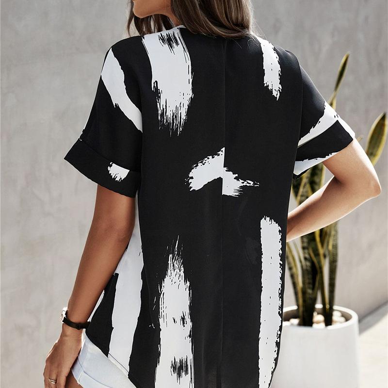 Ladies Summer Short Sleeve Lapel Color Block Pullover Shirt Top