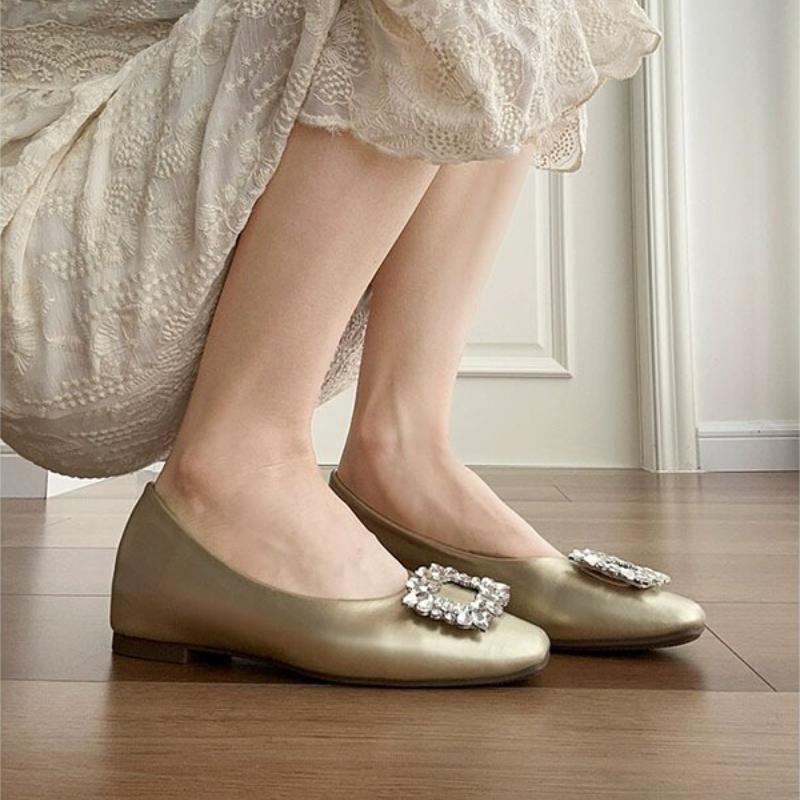 Women's Thick Heel Shoes Spring New Square Head Shallow Mouth Splicing A Word Buckle Waterproof Non-slip Low-top Shoes