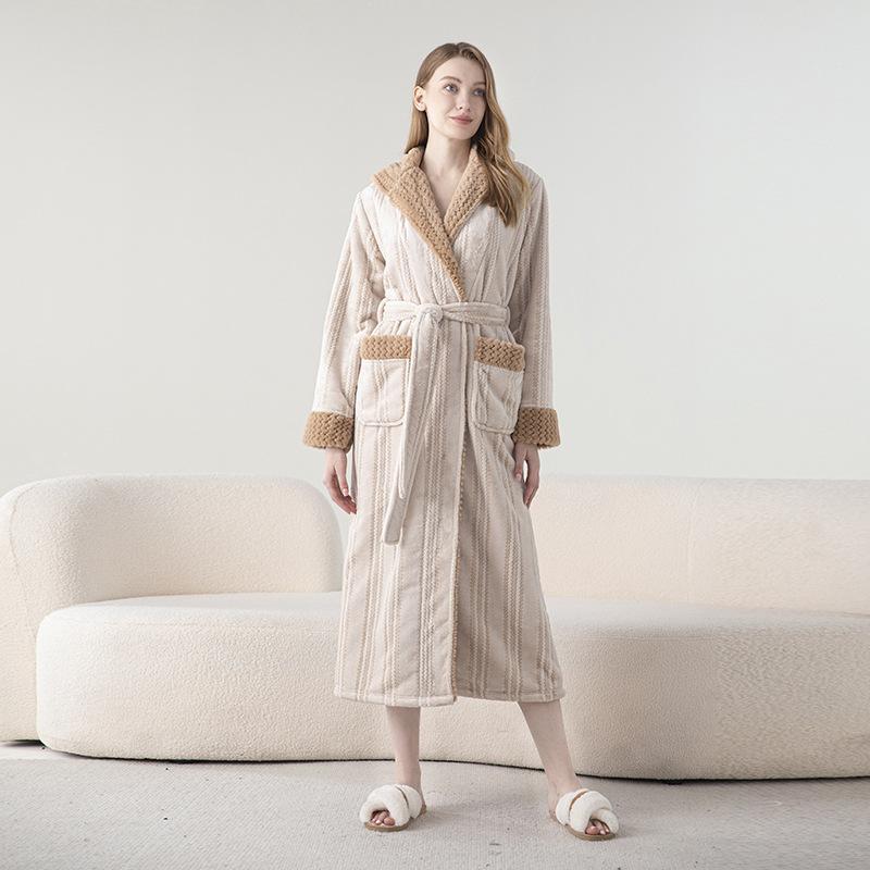 Plus Size Jacquard Fleece Bathrobe Thick Winter Autumn Bathrobe For Men And Women Cozy Pajamas Long Robe Sleepwear