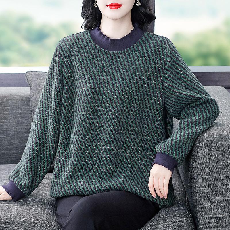 Plus Size Loose Jacquard T-Shirt Sweatshirt for 40-Year-Old Women - Warm, Versatile & Light