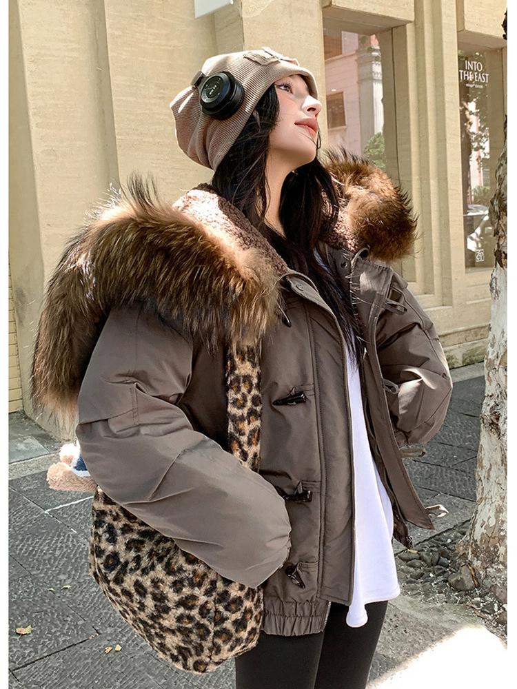 Women’s Short Windproof Thicken Warm Winter Jacket With Big Fur Lapel