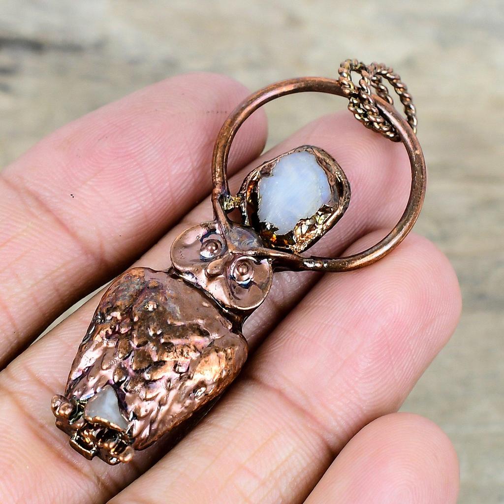 Rainbow Moonstone Rough Pendant Electroformed Copper Pendant Natural Gemstone Pendant Owl Pendant Handmade Copper Jewelry Anniversary Gifts