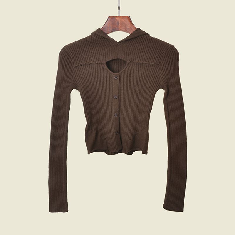 American Sexy Short Tops Solid Color High-Elastic Silm Cut Out Long Sleeves Hooded Knitting Bottoming Shirt
