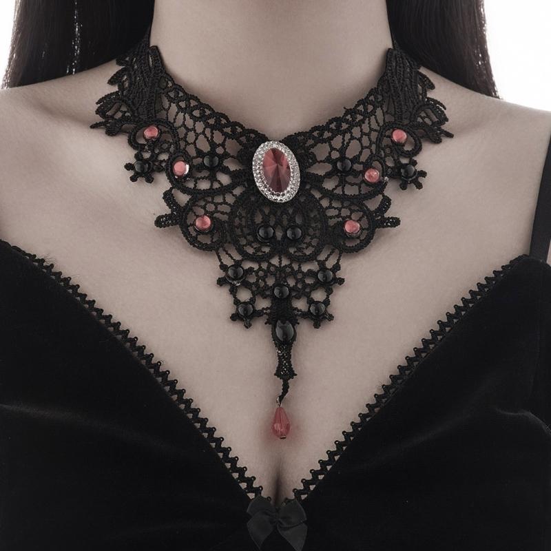 Elegant Lace Gothic Necklace with Blood Drop Pendant Women Choker Halloween Neck Chain Choker Retro Punk Accessories