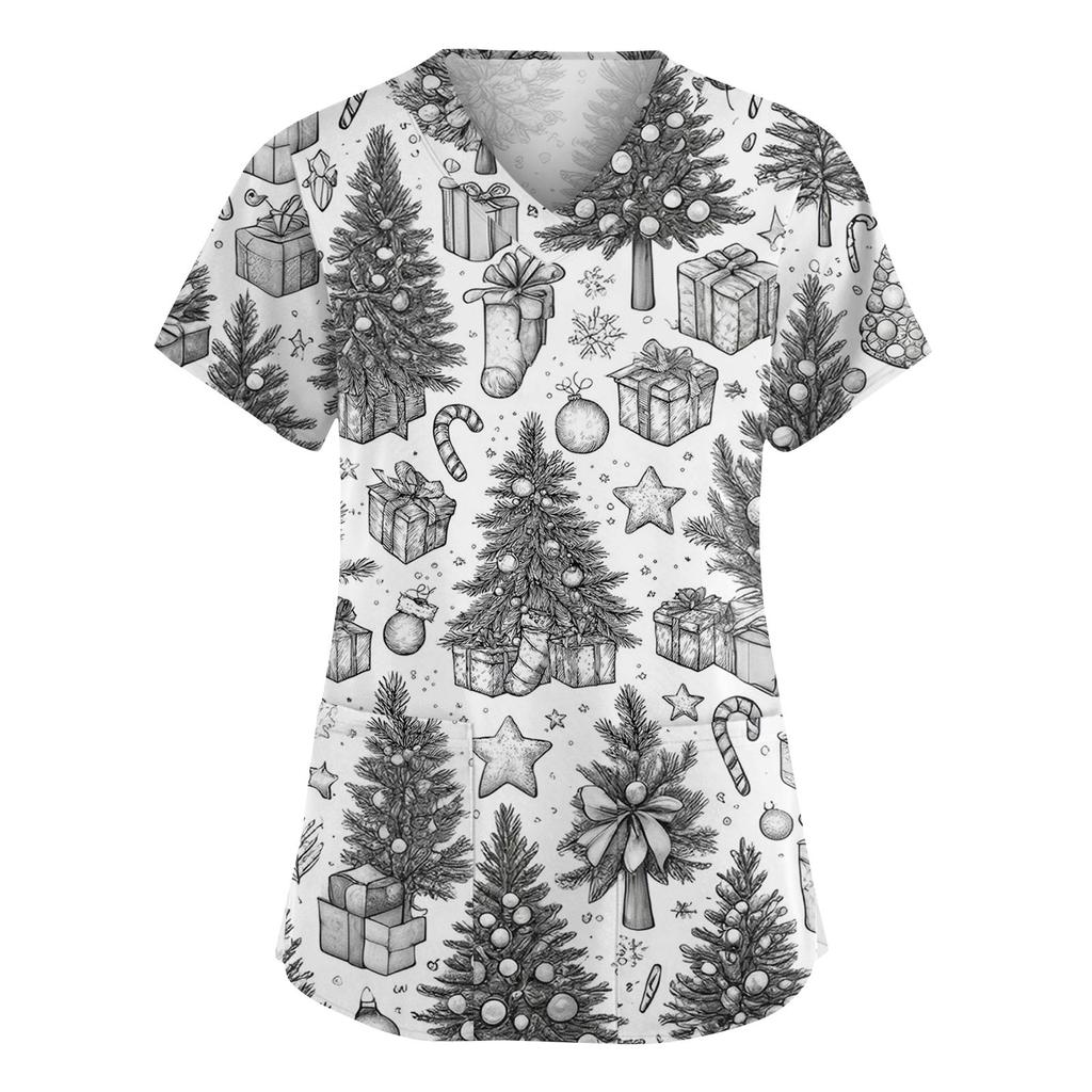 Women's Fashion V-Neck Short Sleeve Overalls With Pockets Print Tops Clothes