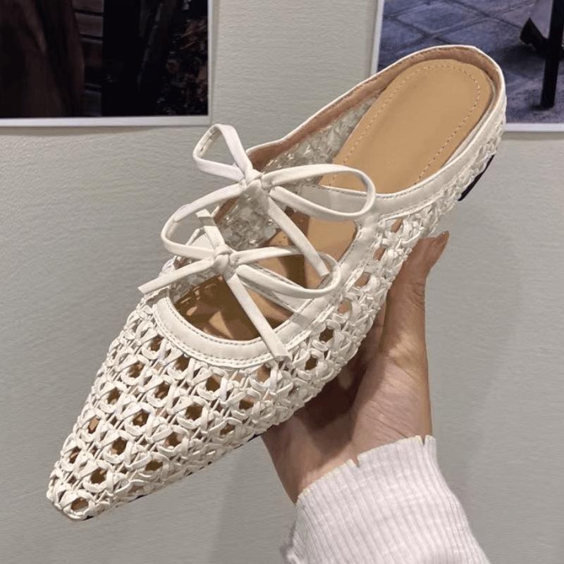 Women Weave Slippers Lace Up Flats Sandals Woman Shoes Summer Trend 2025 New Bow Shallow Slides Walking Cozy Zapatillas De Mujer