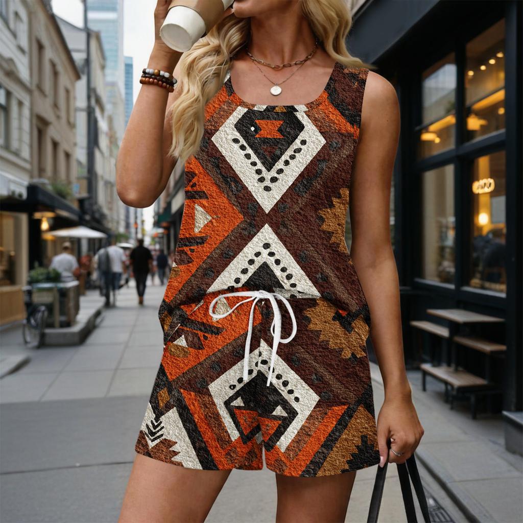 Women Summer Casual Two Piece Set Vintage Floral Print Sleeveless Tank Top Square Neck Sporty Shorts with Pockets