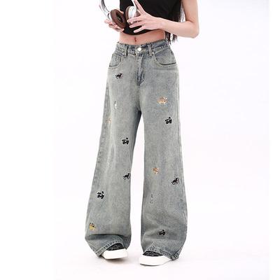 Bequeme Vintage Welpenstickerei High-Waist Weitbeinjeans Damen Locker Dünn Gerade Schleppende Hose Jeans für Damen Lange Jeans