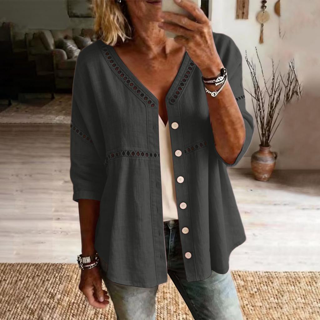 Damen Button-Down Leinenhemden 3/4 Ärmel V-Ausschnitt Lochstickerei Blusen Lässige Baumwolle Hohlstrick Boho Tops
