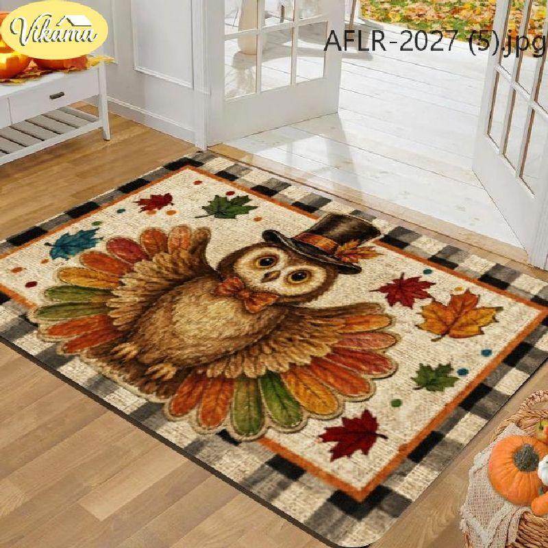 Fall Thanksgiving Doormat: Cute Owl and Turkey-Patterned Rug, Soft Non-Slip Welcome Mat, Holiday Party Home Decor