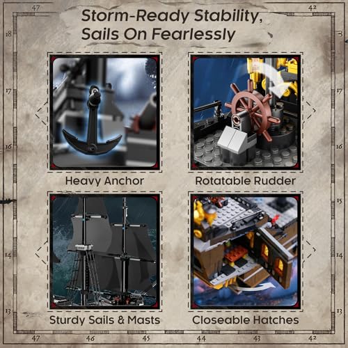 Non-Toxic 1424Pcs Black Pirate Ship Building Blocks Skeleton Ghost Boat Model Desktop Decoration Educational Diy Toy Holiday Gift For Kids