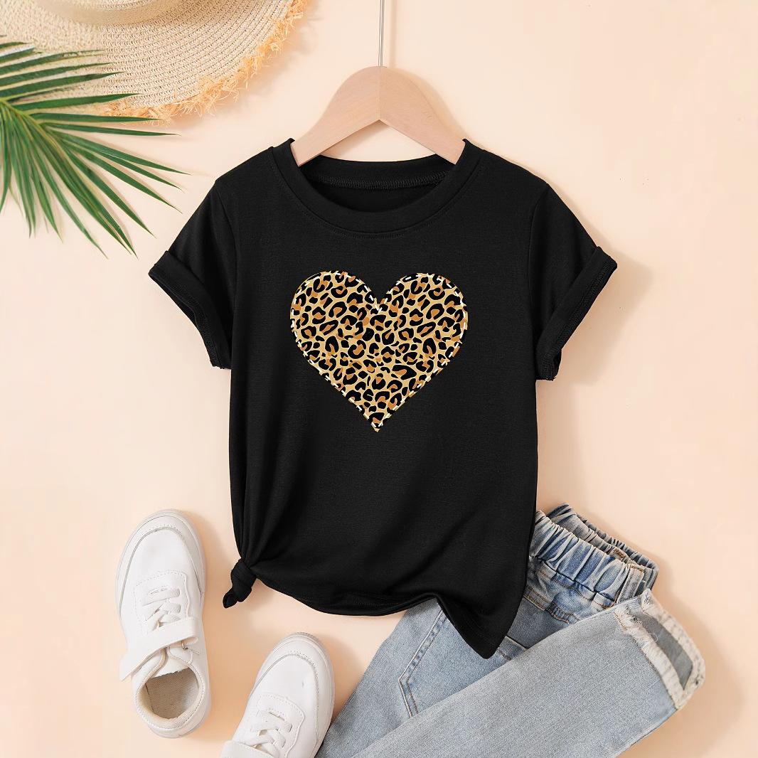 

Girls Casual Leopard Print Heart Pattern T-shirt for Summer, Children s Fashionable Short-sleeved T-shirt 1-2Y чёрный