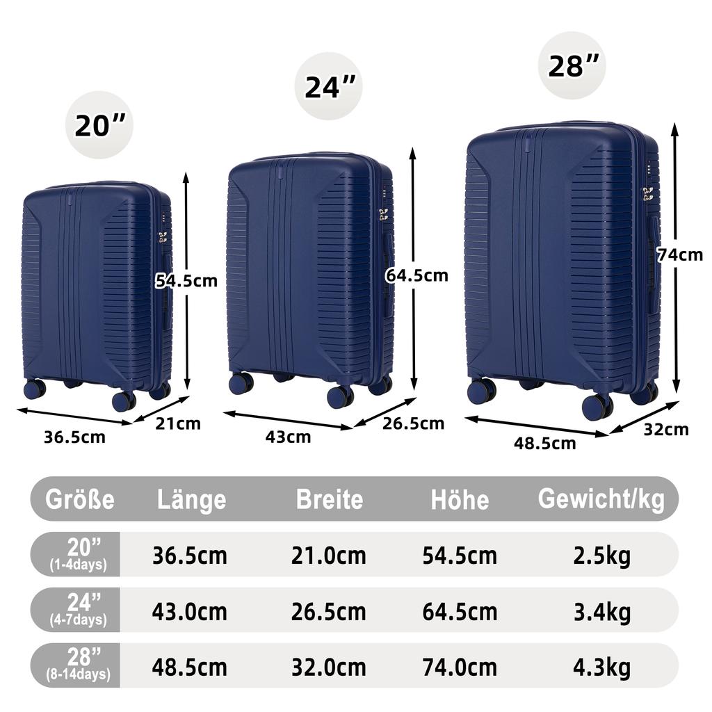 20"/24"/28" 3-Piece PP Spinner Luggage Set – Sizes with Side Handles, Hanging Hooks & Protective Feet – Integrated Combination Lock(Blue)