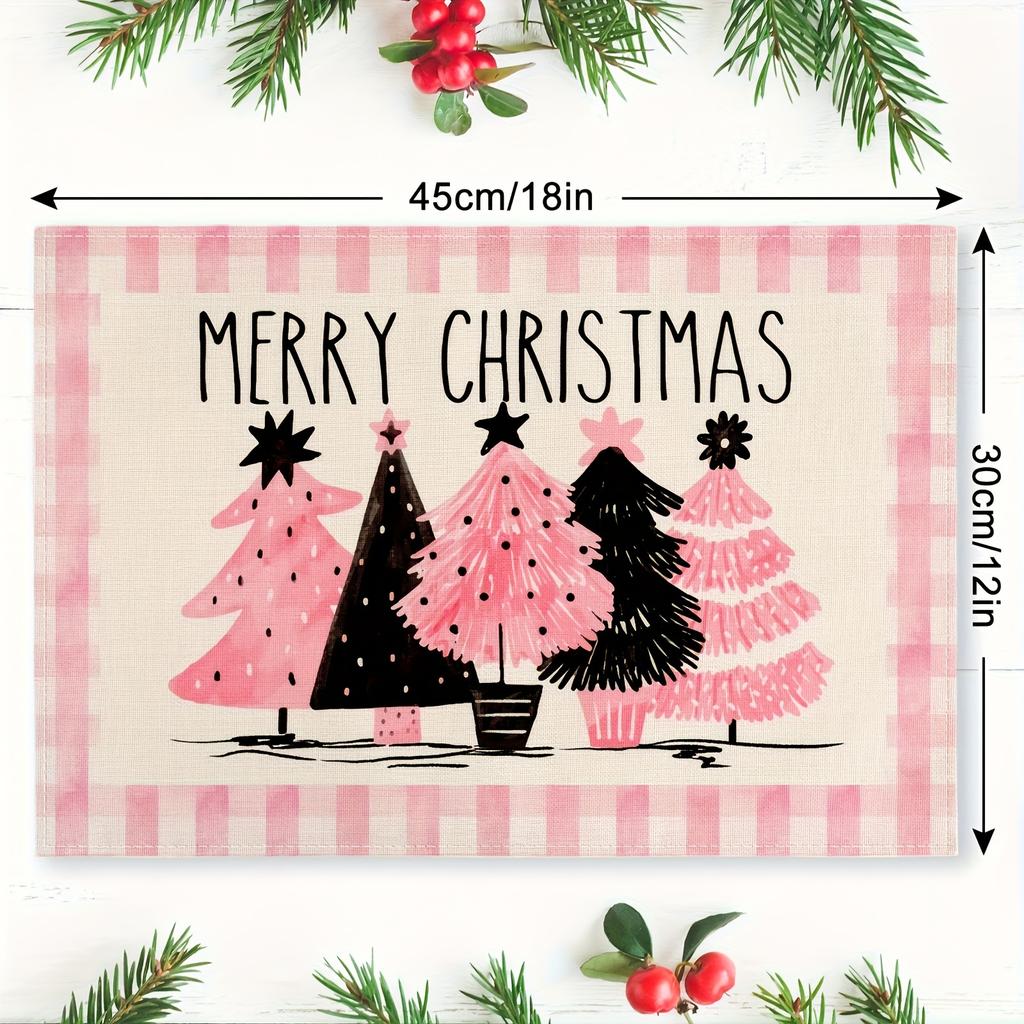 Christmas Placemats Set of 4, Machine Washable Linen Table Mats, Woven Rectangular Holiday Dining Decor, Festive Pink Checkered Christmas Tree Design