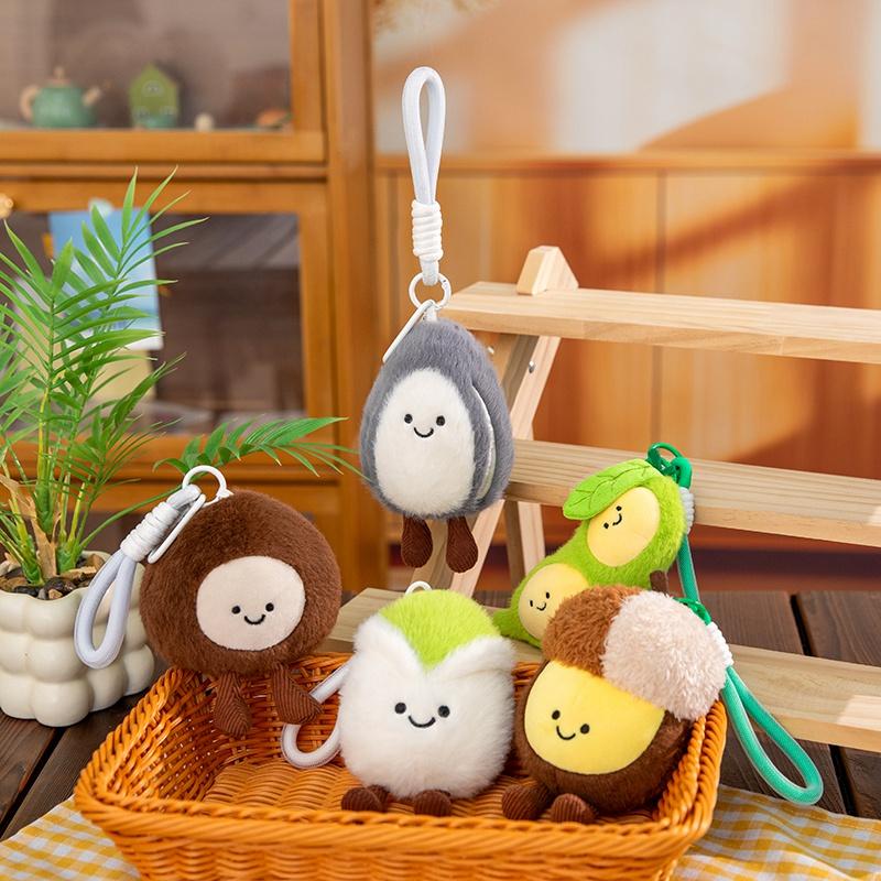 Hot New Kawaii Stuffed Nut Plush Pendant Soft Keychain Melon Seed Pistachio Chestnut Macadamia Peanut Pea Smiling Face Plushie