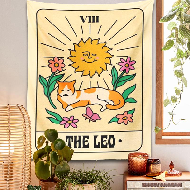 The Leo Tarot Tapestry Wall Hanging Wall Hanging Cute Cat Sun And Moon Psychedelic Constellation Witchcraft Hippie Home Decor