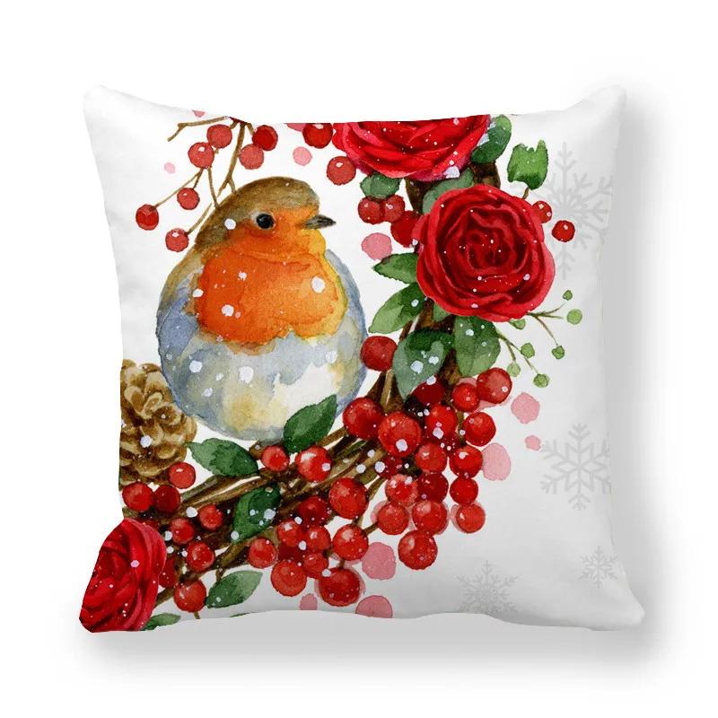 New Christmas Cushion Cover Print Robin Bird Pillow Navidad Gift Pillowcase Decoration