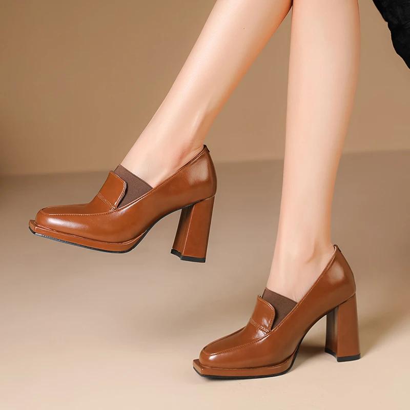 Autumn New Patent Leather Chunky Heel Woman Shoe Round Toe Thick Sole Designer Black Brown Pumps Slip-on Lace Up Career Heels