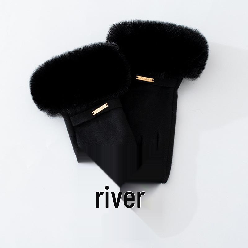 Women's Velvet Rabbit Fur Fleece-Lined Cycling Gloves - Warm, Non-Slip, Windproof, Thick Winter Gloves