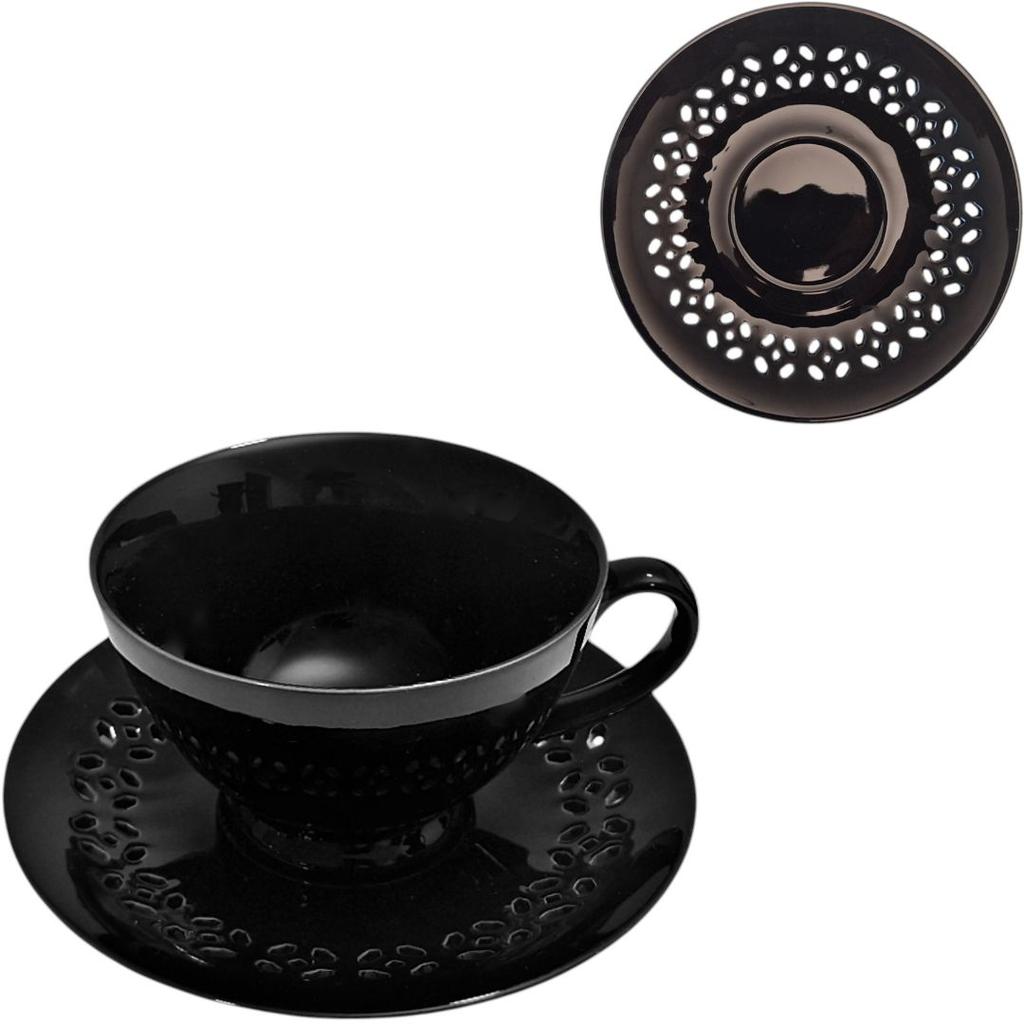 BLACK CERAMIC CUP 260ml WITH OPENWORK SAUCER FOR COFFEE AND TEA