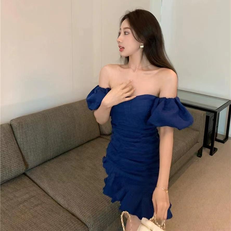 French Gentle Wind One Word Off Shoulder Design Temperament Muse Fan Qingshu Wind Royal Sister Fish Tail Hip Wrap Dress Summer