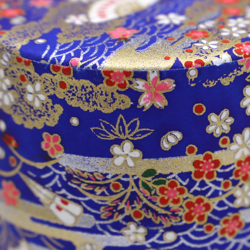 Kyoto Katsugu Japanese Paper Tea Made in Japan Blue with Plum and Cherry Blossom Fan Caddy, (Dark Gold)