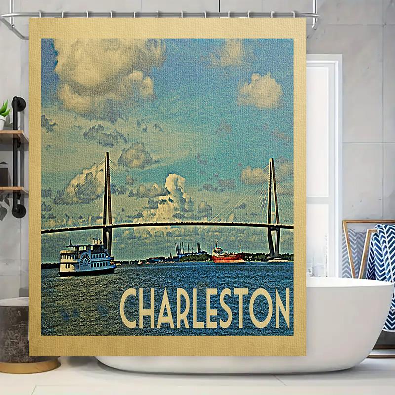 

Vintage Charleston Shower Curtain Decorative Wall Art For Bathroom Blue Sky Bridge River Scene High-Quality Fabric Material Avai W60H190(CM)-1 Pcs