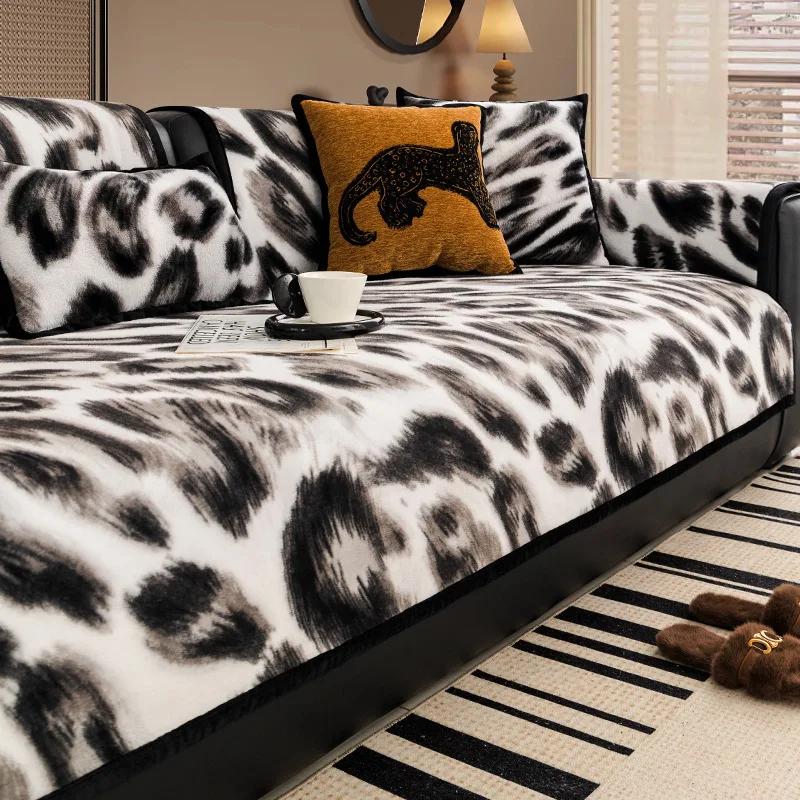 Luxury Thick Plush Leopard Print Sofa Cushion 2024 Autumn And Winter New Anti-slip Luxury Straight Row Leather Sofa Seat Cover