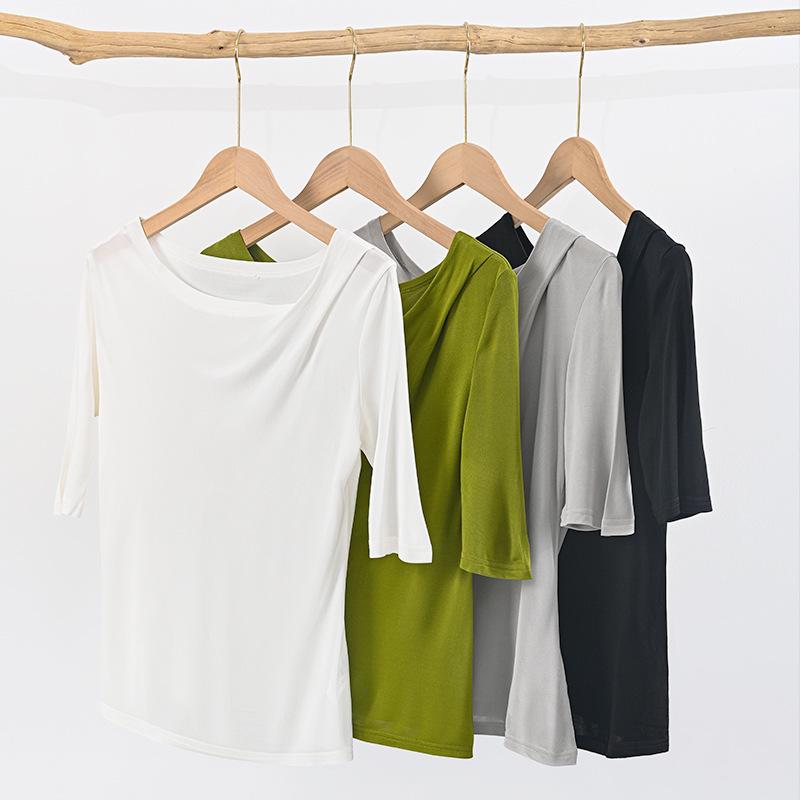 

Tangge Women s Silk Asymmetrical Collar Slim-Fit T-Shirt XL