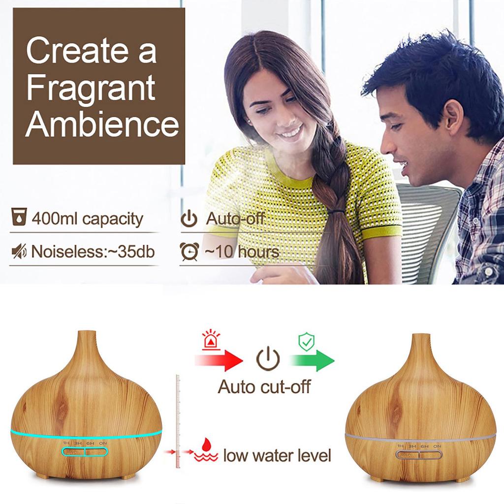 Wood Grain 400ml Ultrasonic Essential Oil Diffuser with Remote Control and Seven-Color LED