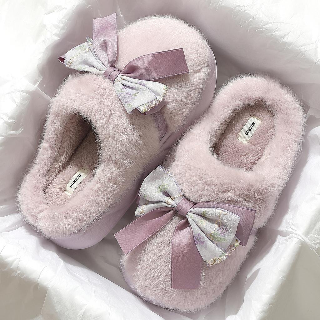 Purple Bow Cotton Slippers Autumn and Winter Home Indoor Couple Home Non-slip Plush Warm Cotton Mop