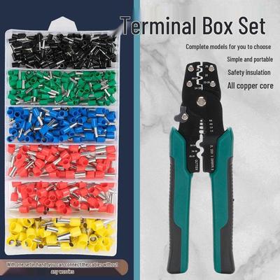 VE Tube-Type Cold-Pressed Terminal Set with Copper Storage Box, Wire Connector, Crimping Pliers, & Switch Panel.