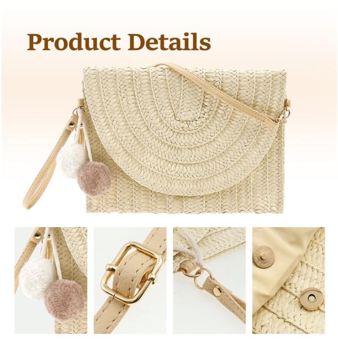 Straw Shoulder Bag Handmade Woven Straw Purse Portable Rattan Bag Straw Clutches for Women Travels