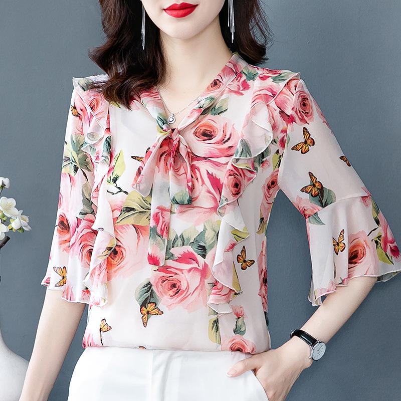 2021 Floral Chiffon Short-Sleeve Top: Slimming, Age-Reducing Style for Women