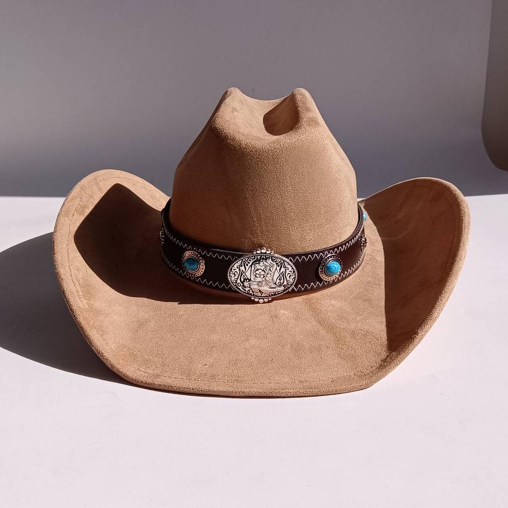 Vegan Suede Wide Brim Rancher Hat Metal Buckle Boot Accessories for Men and Women Cowboy Hat Cattleman Style Unisex Fedora