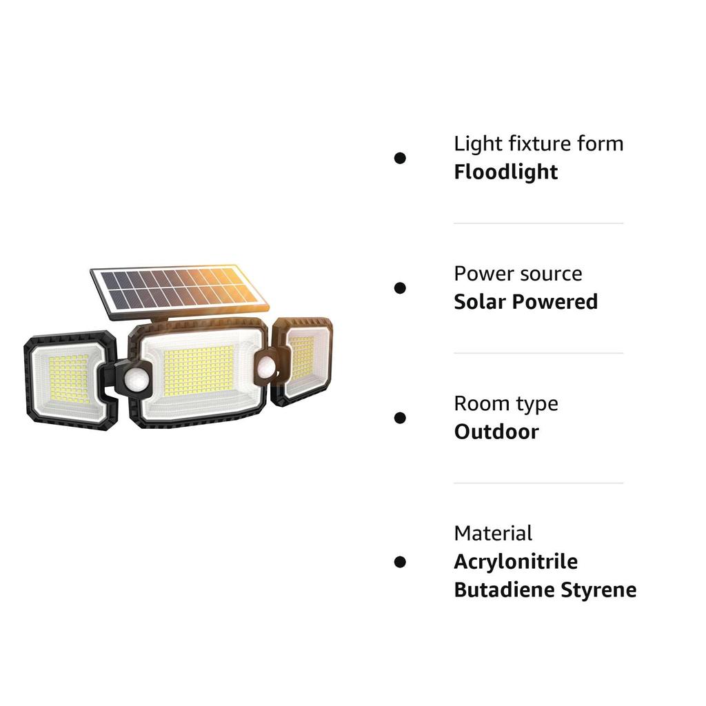 Solar Security Lights Outdoor Motion Sensor, 305 LED Dual-Sensor Solar Flood Lights with Rotatable Solar Panel, 3 Adjustable Heads 3 Modes