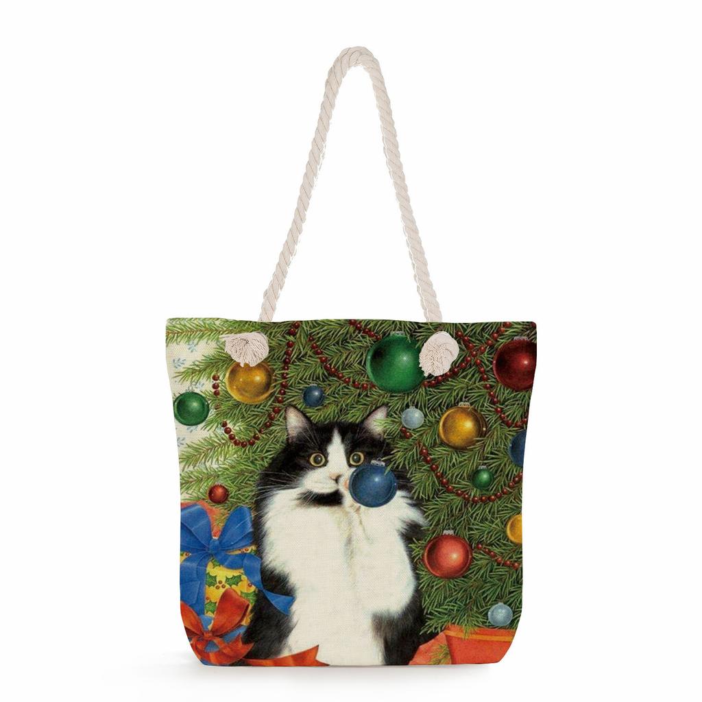 Flower Cat Print Thick Rope Single-shoulder Beach Bag 7262