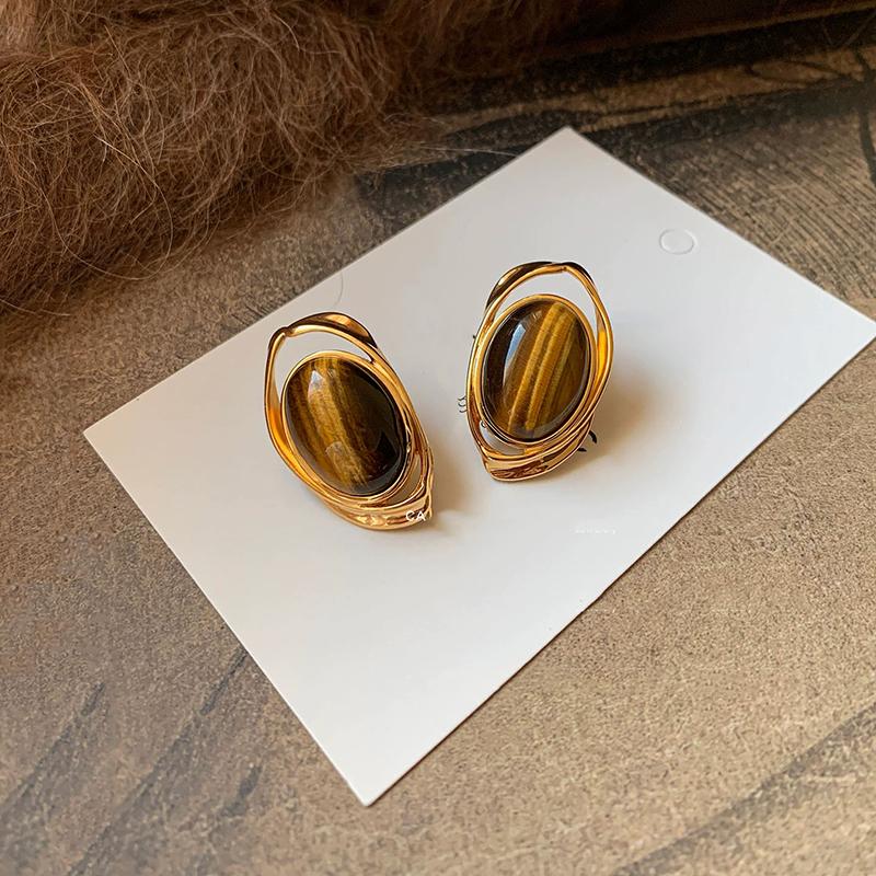 Vintage Maillard Brown Resin Stud Earrings for Women Luxury Tiger's Eye Stone Metal Frame Earrings High-Level Jewelry Daily Wear