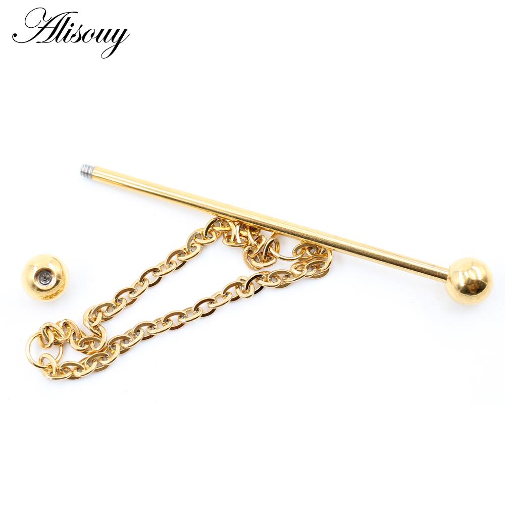 Alisouy 2 st Runda Kulkedja Lång Rostfritt Stål Industriell Hantel Öronbrosk Örhängen Rak Stift Piercing Kroppsmycken