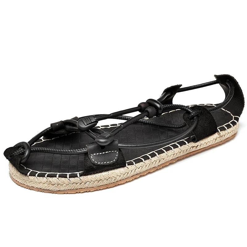 2024 Style Retro Cowhide And Weaved Straw Sandals Men New Brand Summer Fashion Breathable Comfy Casual Leather Straw Slippers