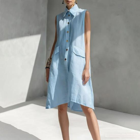Damen Sommer Hemdblusenkleid Knopfleiste Ärmellos Revers Midi Tankkleid Lässige Tunika Strand Sommerkleid mit Taschen