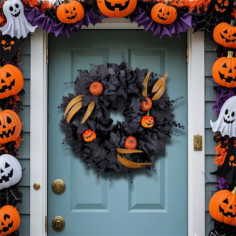 Eerie Season Artificial Black Maple Leaf And Pumpkins Wreath Weather Proof Halloween Door Hanger For Indoor Outdoor Use