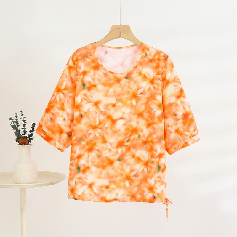 Mid-sleeved T-shirt, Sweet Floral Print, Stylish Drawstring Top, Summer Thin Plus-size Pullover