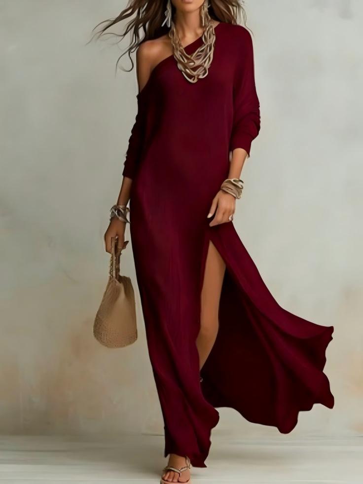 Nuovo Abito Elegante da Donna Estivo in Maglia Manica Lunga Pieghettato con Spacco