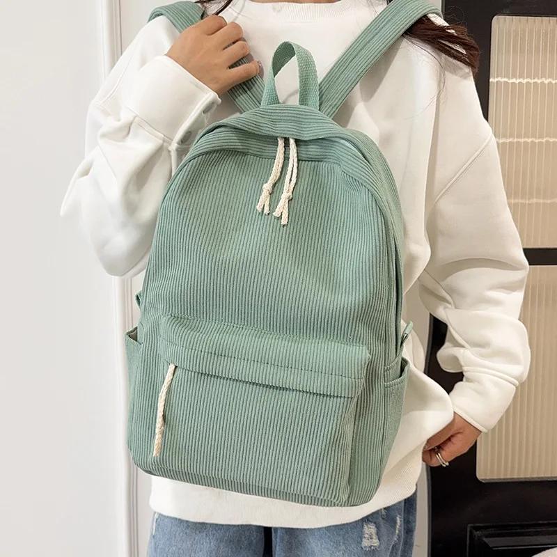 Women Corduroy Backpack Large Capacity Casual School Bag Lightweight Travel Daypack College Bookbag with Front Pocket