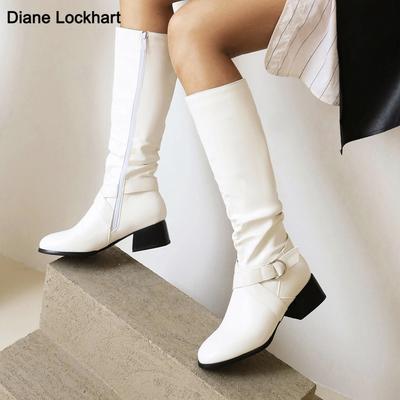 White Female Zip Leather Knee High Boots Women Buckle Long Knight Boots Female Combat Boots Ladies Low Heels Shoes Yellow