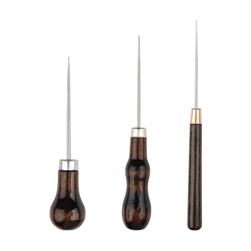 1/3Pcs Wooden Handle Awl DIY Leather Tent Sewing Awl Pin Punch Hole Repair Tool Hand Stitcher Leathercraft Needlework