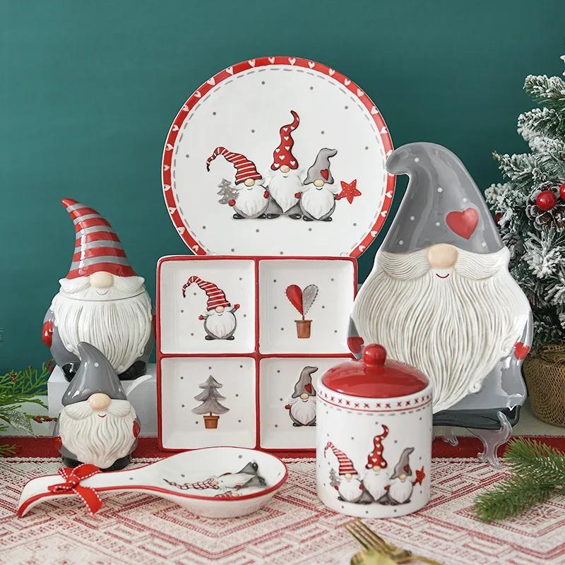 Nordischer Weihnachtsmann Keramik Geschirr und Tafelgeschirr Relief Reis Salatschüssel Westlicher Stil Flacher Teller Tasse Teekanne