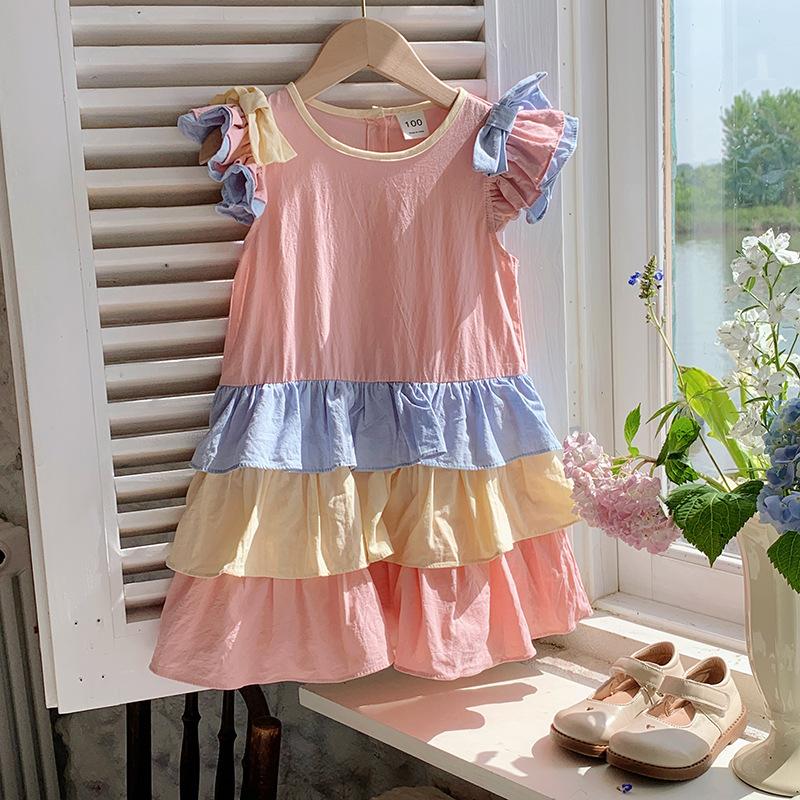 Girls Summer Rainbow Flutter Sleeve Dress Tiered Ruffle Bow Princess Party Dress Cute Children Clothing 90cm